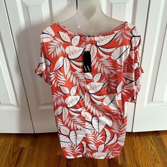 Floral Print Orange White Leaf Summer Palm Top Blouse Short Wrapper Small S NWT - Picture 8 of 9